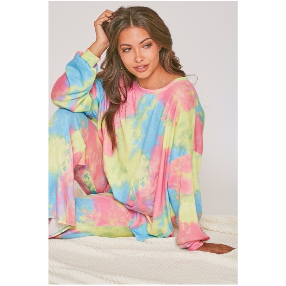 Tie dye pink blue side slit long sleeve top boho - Picture 9 of 9